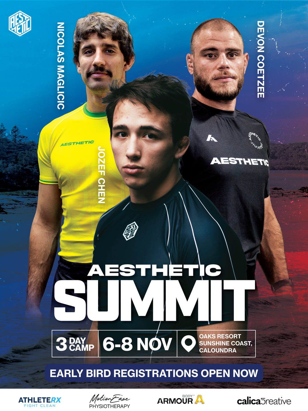 Image of all 3 coaches together on the early bird poster